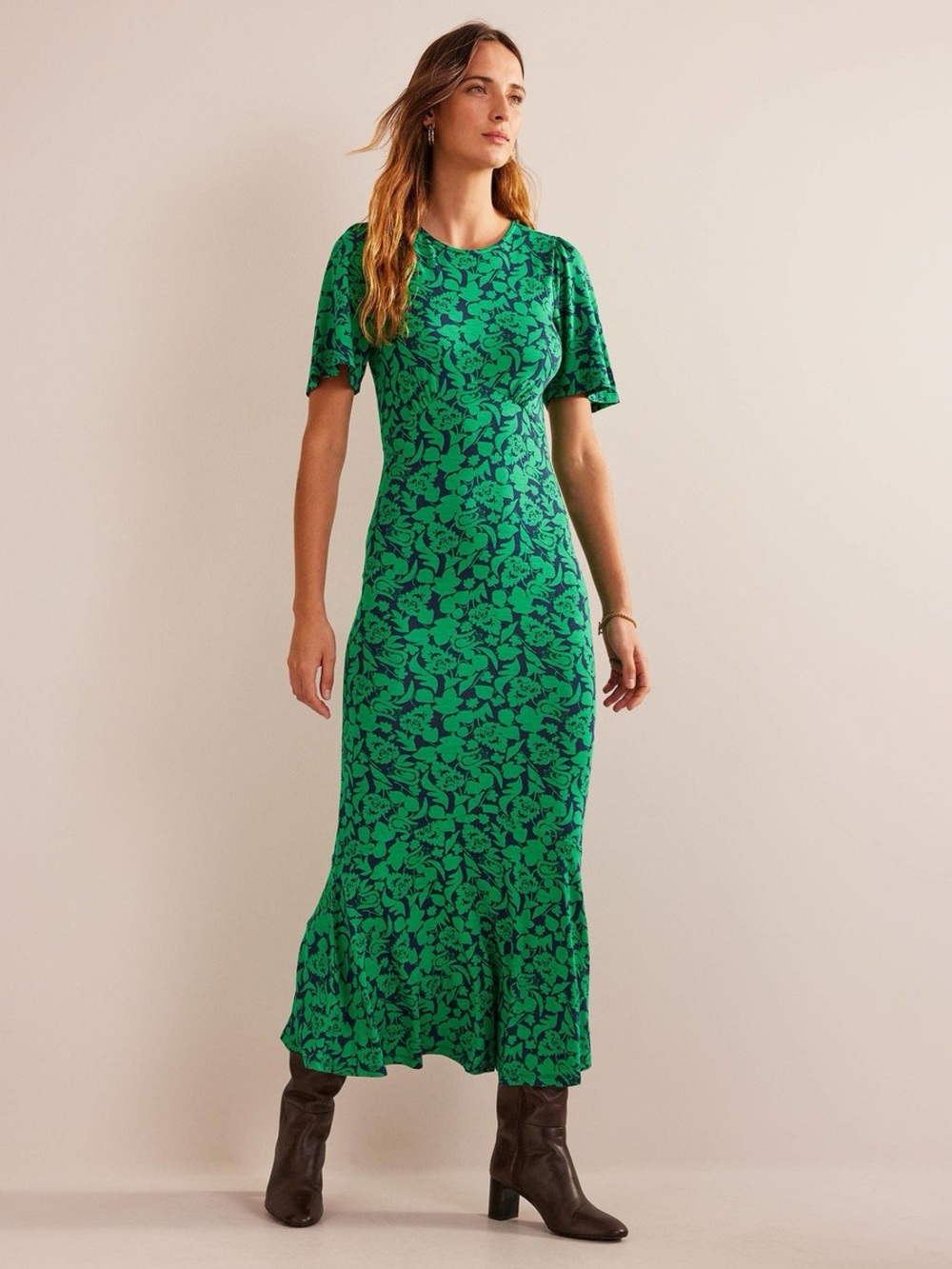 Boden Flippy Jersey Midi Dress Green Tulip Bloom Floral 6R